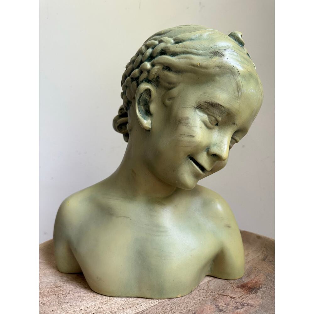 Laughing girl Bust Jean-Baptiste Pigalle 13” green antique style child decor